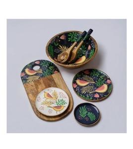 Bol de service en bois naturel 2026, forme ronde, avec un ensemble de serveurs à salade, design imprimé en émail, vaisselle, ustensiles de cuisine, bol de service - Product Image 6