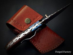 Cuchillo de bolsillo plegable de acero damasco, Funda de cuero con mango personalizable, compatible con OEM para caza, Camping, uso de combate, venta al por mayor - Product Image 4