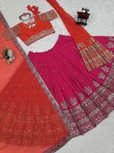 Conjunto de Lehenga Choli bordado tradicional Royal Rani, ropa de novia naranja y rosa para fiestas, temporadas de verano e invierno - Product Image 6