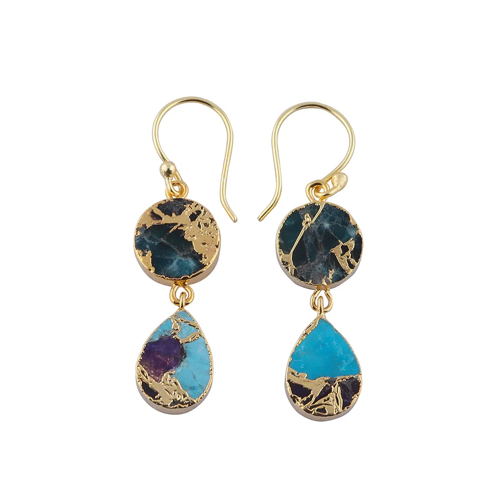 Gold Electroplated Apatite Jade & Amethyst Turquoise Jade Gemstones Hook Collet Sett. Stone Earrings Jewellery Mode Joyas E-1441