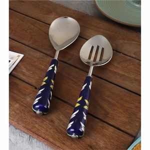 Ensemble de cuillères de service en acier inoxydable avec manche en céramique fait main, décor floral bleu de luxe, cuillères à salade décoratives, cuillère de cuisine ajourée - Product Image 1