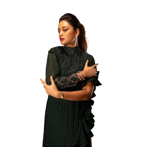 Green Asymmetrical Ruffle Gown Two Piece Women Evening Party <b>Dress</b> for Best Price - Product Image 4