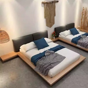 Custom Modern 3 Star Hotel Project Bedroom Furniture Twin Bed Set with Low-Profile Wood Frame Integrated Nightstands & TV <b>Unit</b> - Product Image 1