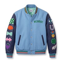 Blouson universitaire de baseball coupe décontractée avec manches à patchs, en laine bleu ciel, manches en cuir, broderie chenille motif tranches de pastèque, style Letterman, OEM