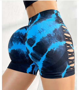 Pantalones cortos deportivos Tie-Dye para mujer Pantalones cortos de Yoga de tres cuartos para levantamiento de cadera de malla hueca - Product Image 2