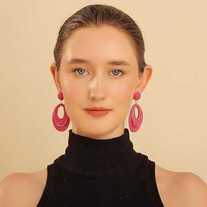 Pendientes de aro de rafia hechos a mano para mujer, joyería colgante Bohemia ligera, fiesta de moda, verano, Vacaciones en la playa, diseño de envoltura de paja de paz - Product Image 2