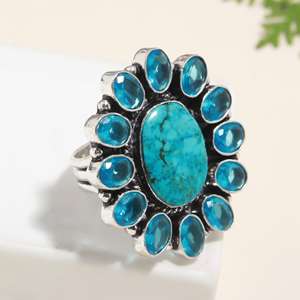 แหวนพลอยบุษราคัมเทอร์ควอยส์ & น้ำเงิน925ทำมือสำหรับผู้หญิงแหวนสวยงามแหวนสุดพิเศษสำหรับเป็นของขวัญสำหรับเธอ - Product Image 1