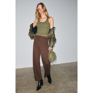 Pantalones de Pierna Ancha para Mujer GRIMELANGE - Tela Elástica Gruesa de Interlock con Cintura Elástica Acanalada en la Parte Delantera, Color Marrón Oscuro - Product Image 1