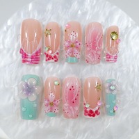 HYC-DZ-1884 Faux Ongles Roses Macaron à Presser 24 Pièces, Strass 3D Fleur à Cinq Pétales, Printemps-Été, Vente en Gros