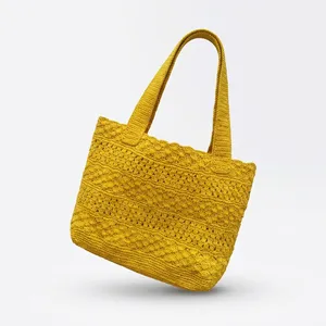 Yellow Crochet Casual Tote Bag With Shoulder Straps Lightweight Open Top For Daily Use Women's <b>Handbag</b> - Product Image 3
