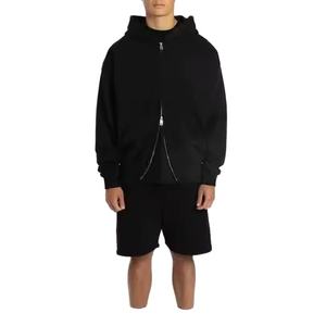 ชุดเซ็ตเสื้อฮู้ดซิปและกางเกงขาสั้นผู้ชายสไตล์วินเทจ ล้างสีแบบแอซิด  ชุดสองชิ้นสำหรับผู้ชาย เสื้อฮู้ดซิปคู่สำหรับผู้ชาย - Product Image 6