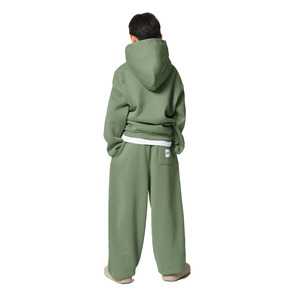 Boys Green Hooded Tracksuit Cotton Casual Jogging Suit Solid Color Full Sleeve Loose Fit Autumn Wear With Side Pockets - Product Image 2