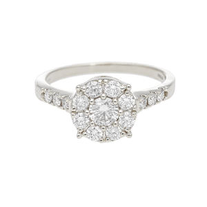 Anillo Clásico de Oro de 14K con Baño de Rodio, Diamantes Naturales en Racimo, Diseño Floral con Halo Redondo Brillante y Banda con Acentos de Diamantes Pavé - Product Image 3