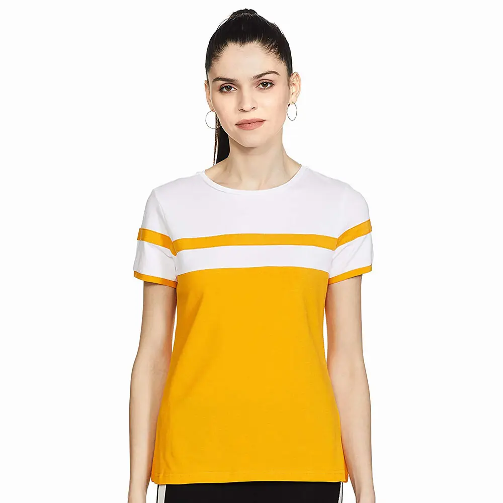 Women's High Quality T Shirts in Yellow and White Color Panel Work High Quality Girls Street Wear Shirts