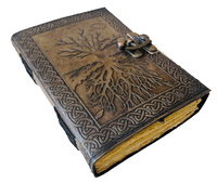 Grand arbre de vie gaufré avec motifs anciens latéraux Carnet de notes en cuir véritable anthracite Laiton antique C-Lock & Deckle Papiers d'art