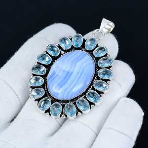 Pendentif en agate bleue et en aquamarine, pierre précieuse, argent sterling 925 massif, bijoux faits à la main, cristal bohème, haute qualité pour enfants - Product Image 3