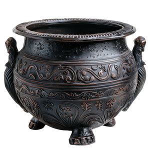 Chaudron en fer bronze antique extraordinairement détaillé avec des poignées et des motifs ornés, une magnifique pièce de déclaration - Product Image 1