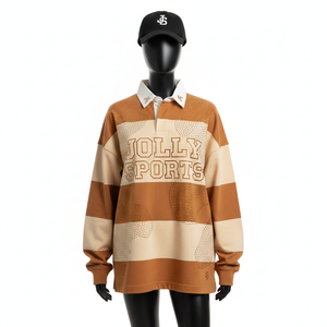 Camiseta de rugby para mujer, 280 GSM, jersey de algodón premium, paneles colorblock marrón beige, logotipo personalizado bordado, camisetas de rugby para mujer - Product Image 6