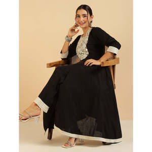 DEEBACO Conjunto coordinado de Kurta Anarkali de algodón sólido con bordado de espejo y Palazzo para mujer, atuendo tradicional para damas - Product Image 1