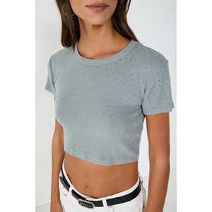 Tissu en velours côtelé 100% coton, col rond décontracté, entièrement recouvert de pierres, coupe courte - Product Image 1