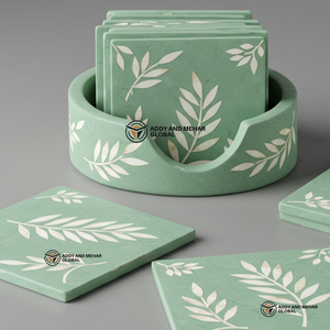 Indian Supplier Offers Handmade Green & <b>White</b> Bone Inlay <b>Coaster</b> Set with Holder Floral Pattern Drink <b>Coasters</b> - Product Image 5