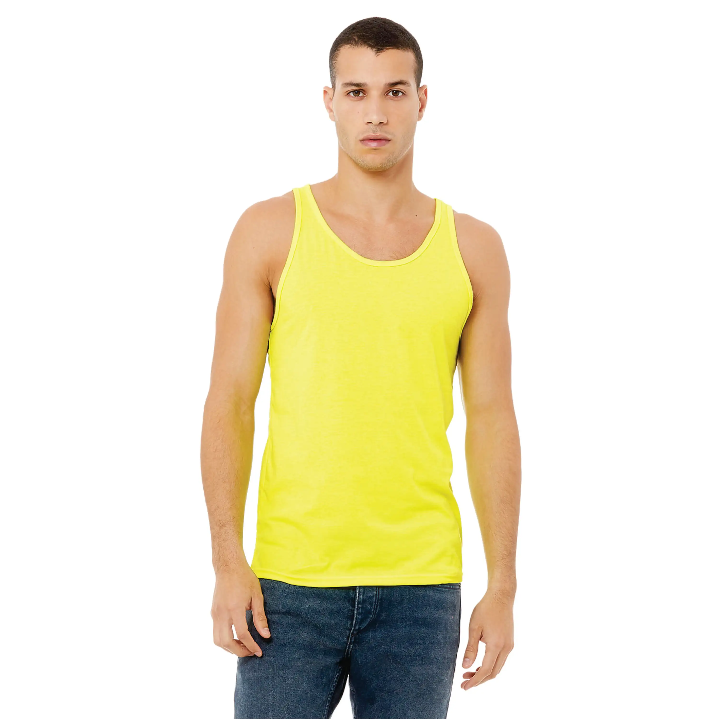 Yan Seamed perakende Fit 100% Airlume penye ve halka bükülmüş pamuk 32 tek 4.2 oz Neon sarı Unisex Jersey tankı