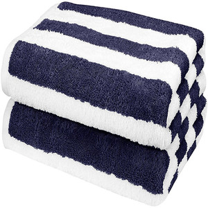 Serviette de plage et de piscine en coton bleu marine à rayures cabana, imprimée sur mesure, pour spa, hôtel, bain, durable et écologique, disponible - Product Image 3