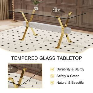 Modern Gold Plated Metal Legs <b>Large</b> Gray MDF Crossbars Tempered Glass Dining Table with Office <b>Desk</b> Features brand new - Product Image 3