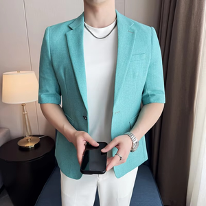 Veste blazer d'été à demi-manches Vêtements pour hommes 2025 Coréen élégant en soie brillante avec des motifs sombres Slim Fit Mens Blazers - Product Image 4