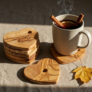 Ensemble de sous-verres en bois d'olivier gravé en forme de cœur, écologique et durable, 9 cm, 8 mm d'épaisseur, style méditerranéen, marque INTERCRAFT, vente en gros - Product Image 2