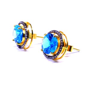 ต่างหูเงิน Vermeil สเตอริ925คลาสสิกพลอยบุษราคัมอัญมณีเพชรชุดครบรอบแต่งงานของผู้หญิงกระดุมชุบทอง - Product Image 4