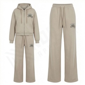 Ensemble de survêtement décontracté pour femmes avec logo personnalisé, uni, tendance, surdimensionné, broderie, pantalon de sport, fermeture éclair, haut à manches longues, deux pièces - Product Image 1