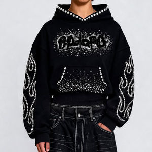 Sudaderas Gruesas con Lavado Ácido Desteñido Personalizadas, Apliques Bordados, Estilo Holgado, Corte Recto, con Pedrería Mixta, Sudaderas con Capucha Negras para Hombre - Product Image 2