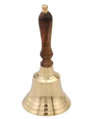 Gold and Brown Hand Bell Solid Brass Dinner Bell Service Bell Handcrafted Brass 9 inch Hand Wooden