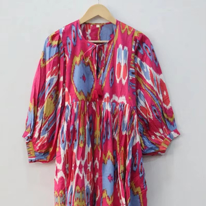 Summer Casual Ikat Long Block Print Midi Dress Deep Neck avec String Closer Loose Silhouette Natural Waistline - Product Image 1