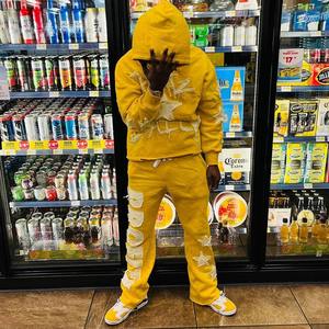 Sweat Suit Heavyweight Custom Logo Sweatsuits Cotton Tracksuits Jogger Sets Tracksuit Distressed Patch <b>Applique</b> Logo - Product Image 4