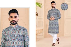 Kurtas de impresión digital de trabajo de secuencia y bordado elegante para hombres indios y paquistaníes para ropa de función de festival de boda - Product Image 6