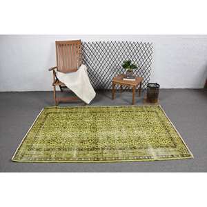 Alfombra de lana tradicional Vintage de 4,1x6,7 pies, patrón de retazos verde y marrón para decoraciones de sala de estar, alfombra con respaldo de látex - Product Image 3