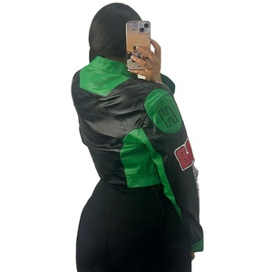 แจ็คเก็ตหนัง Letterman แบบเบสบอล สำหรับผู้ชายและผู้หญิง หนังแกะสั้นผสมสแปนเด็กซ์ ปักลายถักแบบยูนิฟอร์ม หนังจระเข้ - Product Image 5