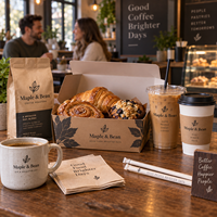 AT PACK Fournitures personnalisées pour cafés avec des sachets de café de 250 g, des gobelets en papier de 8 oz et 12 oz, des gobelets en PET de 16 oz et des emballages alimentaires