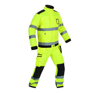Ensemble de vêtements de travail de sécurité réfléchissants haute visibilité Pantalon de veste jaune fluorescent et genouillères pour une sécurité accrue au travail - Product Image 1