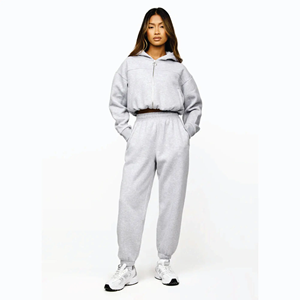 65% Cotton 35% Polyester Cropped Athletics Club Full <b>Zip</b> Hood Heather <b>Grey</b> <b>Women's</b> Tracksuit Top <b>Hoodie</b> - Product Image 4