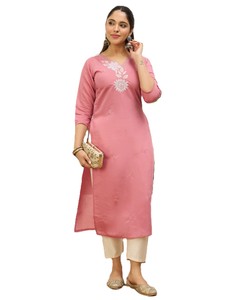 Kurta de Viscosa Rosa para Mujer, con Bordado Floral, Corte Regular, Largo hasta el Tobillo, Ropa Casual Tradicional India - Product Image 4