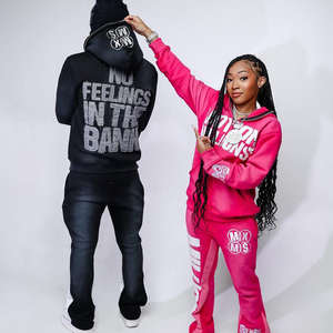 Chándal personalizado apilado para hombre, chándal 100% de algodón con apliques de parche, Sudadera con capucha desgastada, conjunto de jogging, pantalones de chándal acampanados y conjunto de Sudadera con capucha - Product Image 4