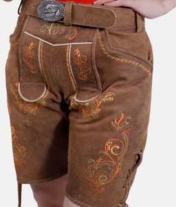 กางเกงขาสั้นหนังแพะแท้แท้แท้ของผู้หญิงหนังนิ่มแบบหนังเรียบมีกระเป๋าด้านหน้าปักลาย - Product Image 3