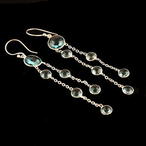 Pendientes de cadena larga de cuarzo azul suizo, Pendientes colgantes de varias piedras chapadas en plata - Product Image 3
