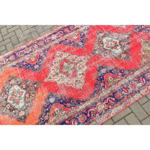 4.6x12.9 ft Vintage Turkish Rug, <b>Runner</b> Rug, <b>Red</b> Striped Rug - Product Image 5