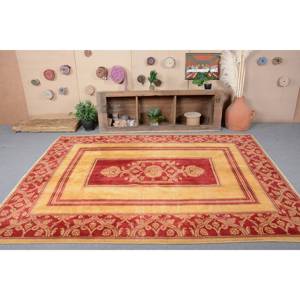 Traditional Red <b>Gold</b> Large Area Rug 7.1 X 9.1 ft Vintage Turkish <b>Wool</b> Latex Backing Patchwork Abstract for Hallway Room Rug - Product Image 4