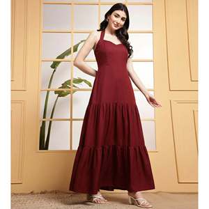DEEBACO Women's Solid Rayon Halter Neck Tiered Maxi <b>Dress</b> Sleeveless Ankle Length Fit & Flared Summer Western Party Casual Wear - Product Image 5