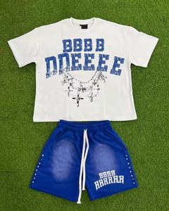 Chándal de algodón 100% para hombre, fabricante de camisetas y pantalones cortos con estampado de pantalla, conjunto de punto de algodón transpirable, camiseta para correr al por mayor - Product Image 3